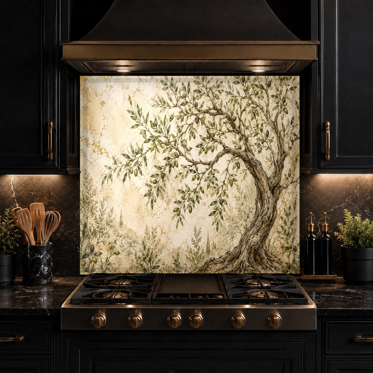 Modern kitchen featuring an Olive Fresco tempered glass backsplash behind the main cooking and preparation area.