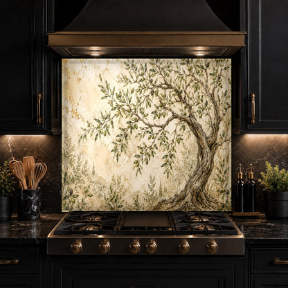 Modern kitchen featuring an Olive Fresco tempered glass backsplash behind the main cooking and preparation area.