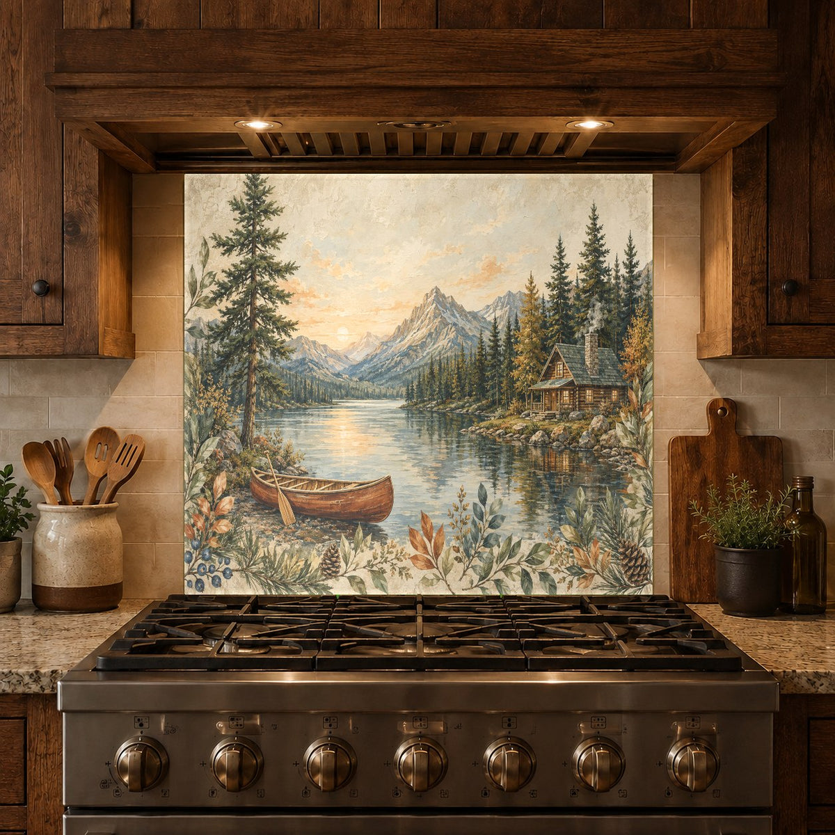 Custom sized lake and mountain kitchen glass backsplash protecting walls from grease and heat.