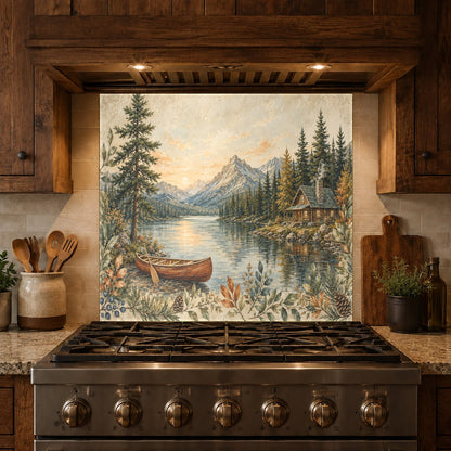 Custom sized lake and mountain kitchen glass backsplash protecting walls from grease and heat.