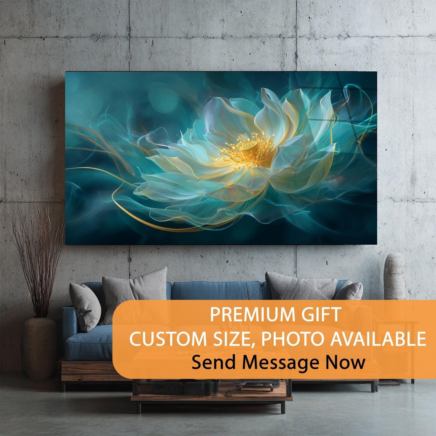 Abstract flower painting on a wall above a sofa with promotional text overlay.