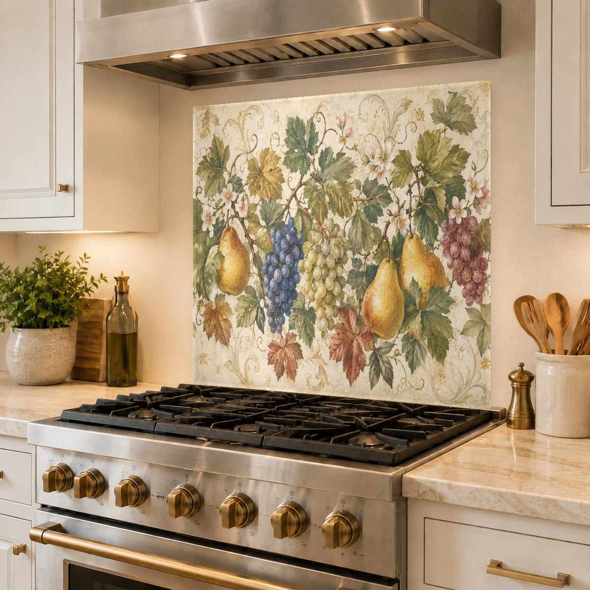 High-gloss lemon and orange patterned glass backsplash panel installed in a contemporary kitchen bar setup.