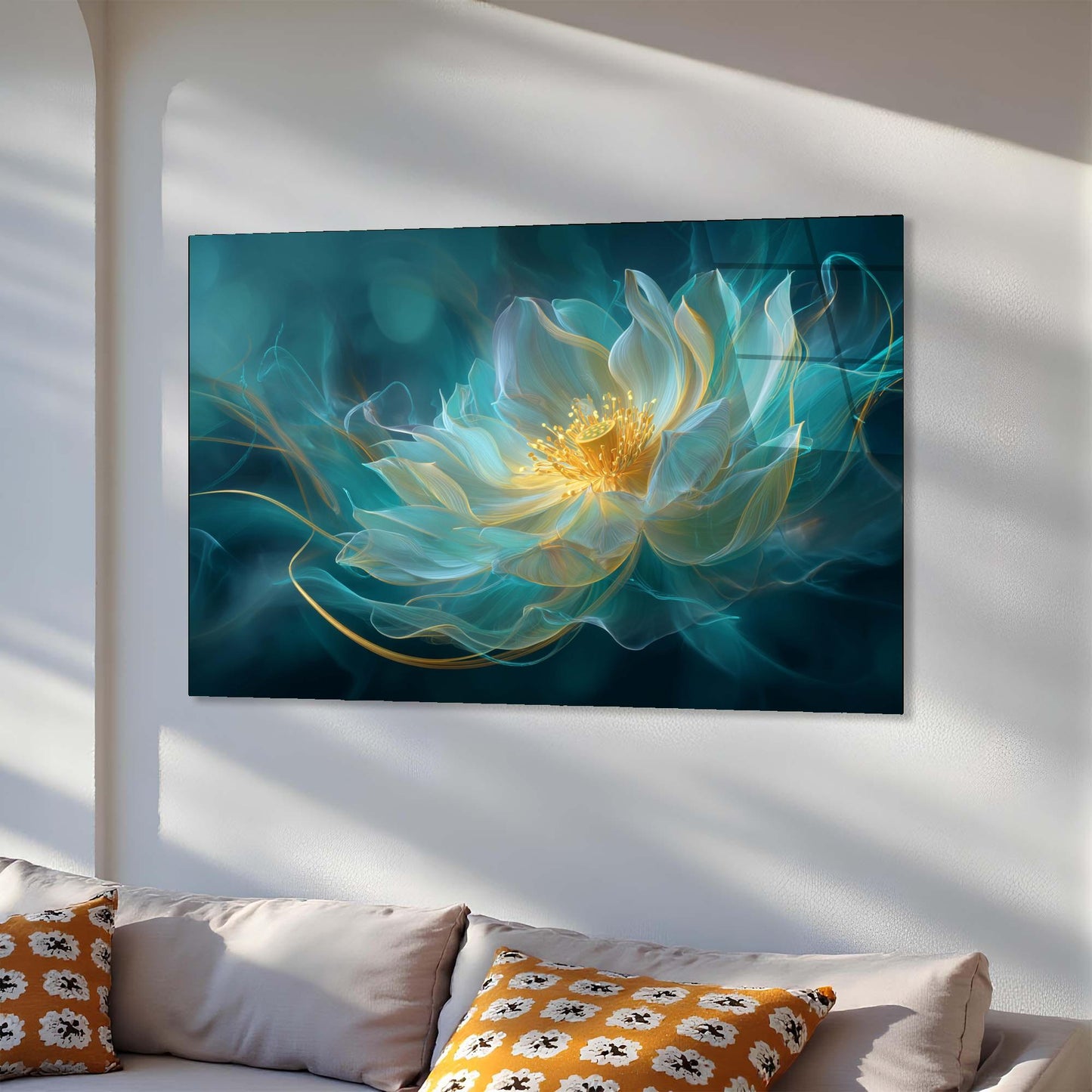 Modern living room with a large abstract flower painting on the wall.