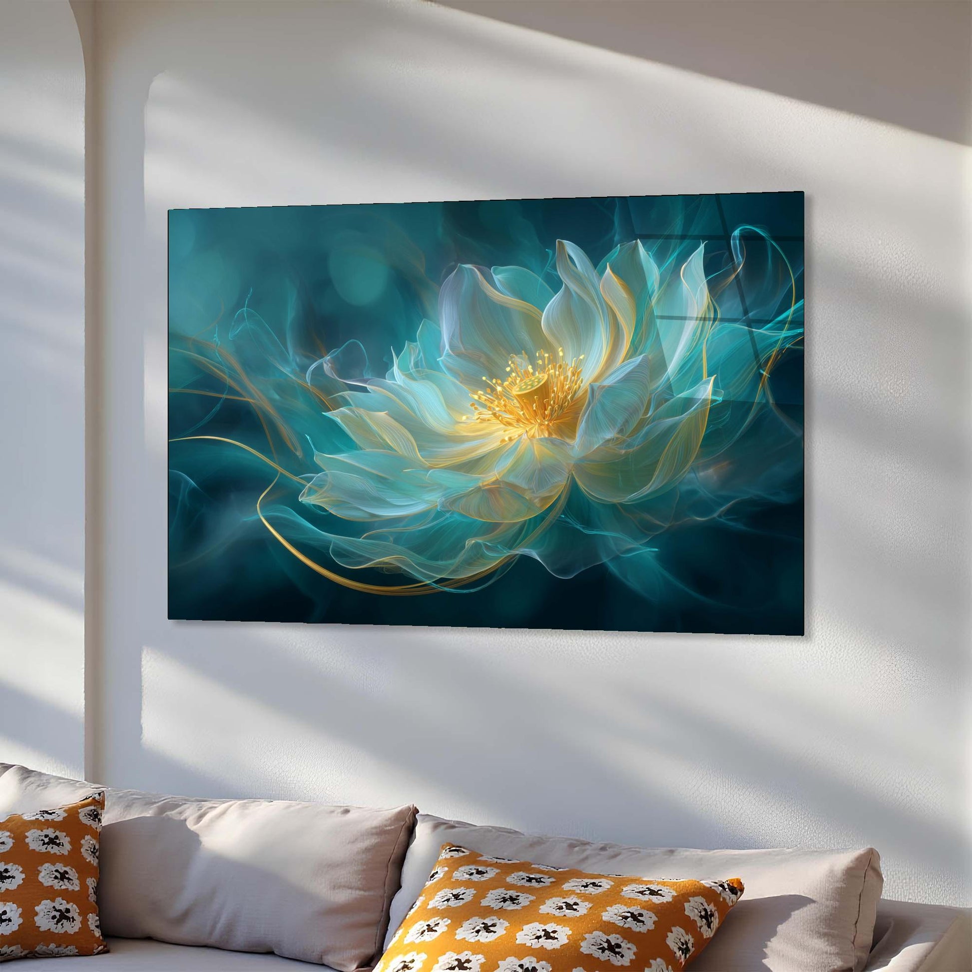 Modern living room with a large abstract flower painting on the wall.