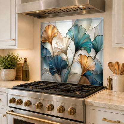 Heat-resistant glass backsplash with floral design behind a stainless steel oven