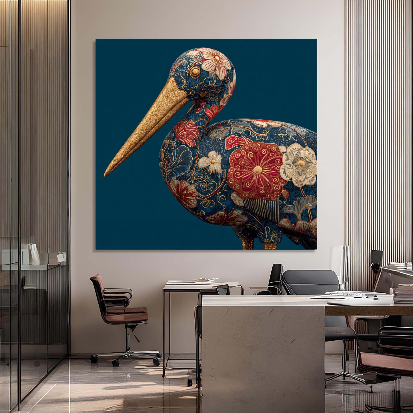Decorative painting of a pelican with floral patterns on a blue background in an office setting.