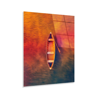 Wooden boat with an oar on a colorful water surface