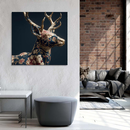 Framed artwork of a deer with floral patterns on a wall in a modern living room.