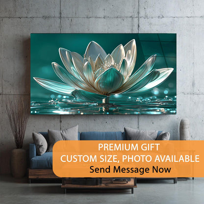 Large canvas print of a lotus flower hanging on a wall above a sofa.