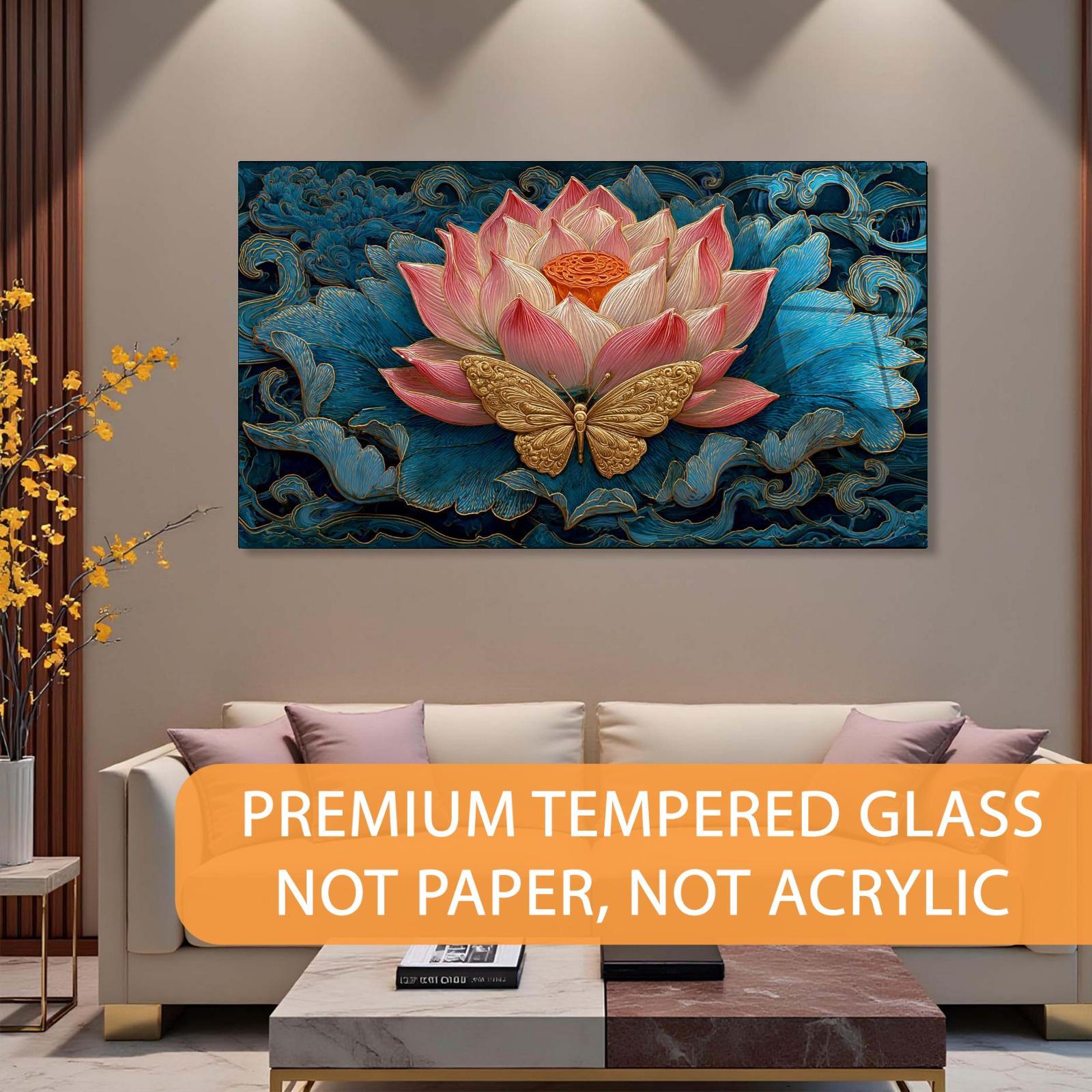 Decorative wall art of a pink lotus flower and gold butterfly in a living room setting.