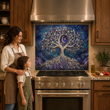 A celestial tree of life glass backsplash panel glowing under under-cabinet LED lights over a kitchen sink.