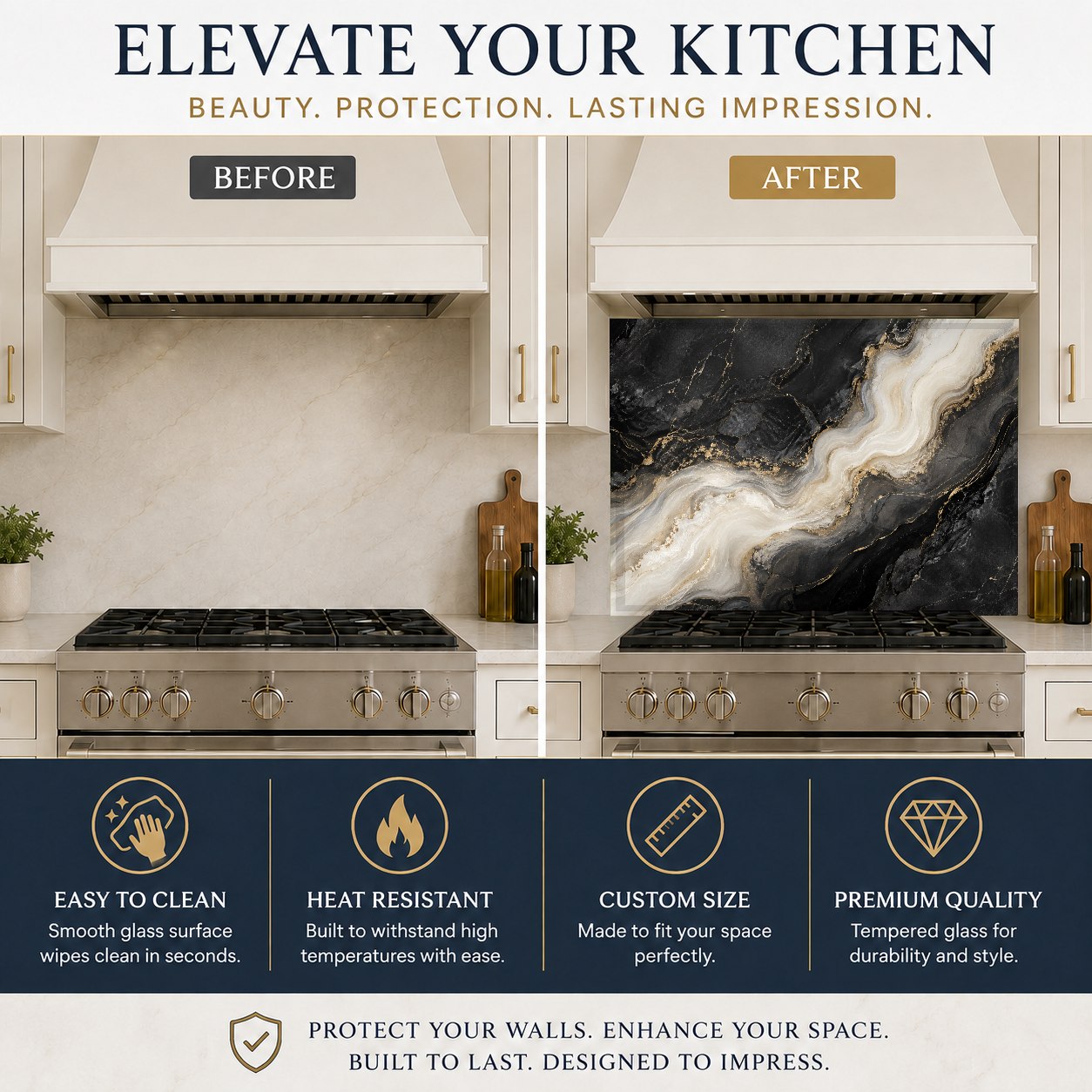 Tempered glass kitchen backsplash with marble design in a luxury home island