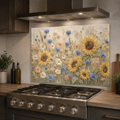 Tempered glass kitchen backsplash panel on island wall