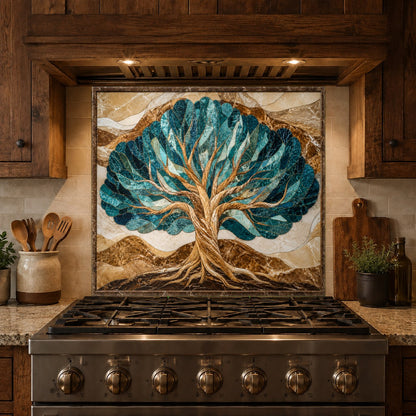 Elegant Tree of Life glass backsplash panel reflecting modern kitchen lighting
