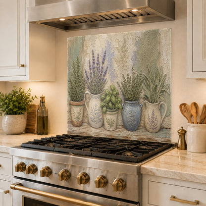 Heat-resistant glass kitchen backsplash featuring potted flowers behind the range