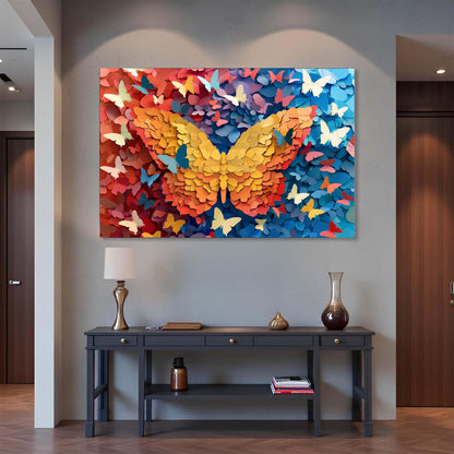 Colorful butterfly artwork on a wall above a dark wooden console table.
