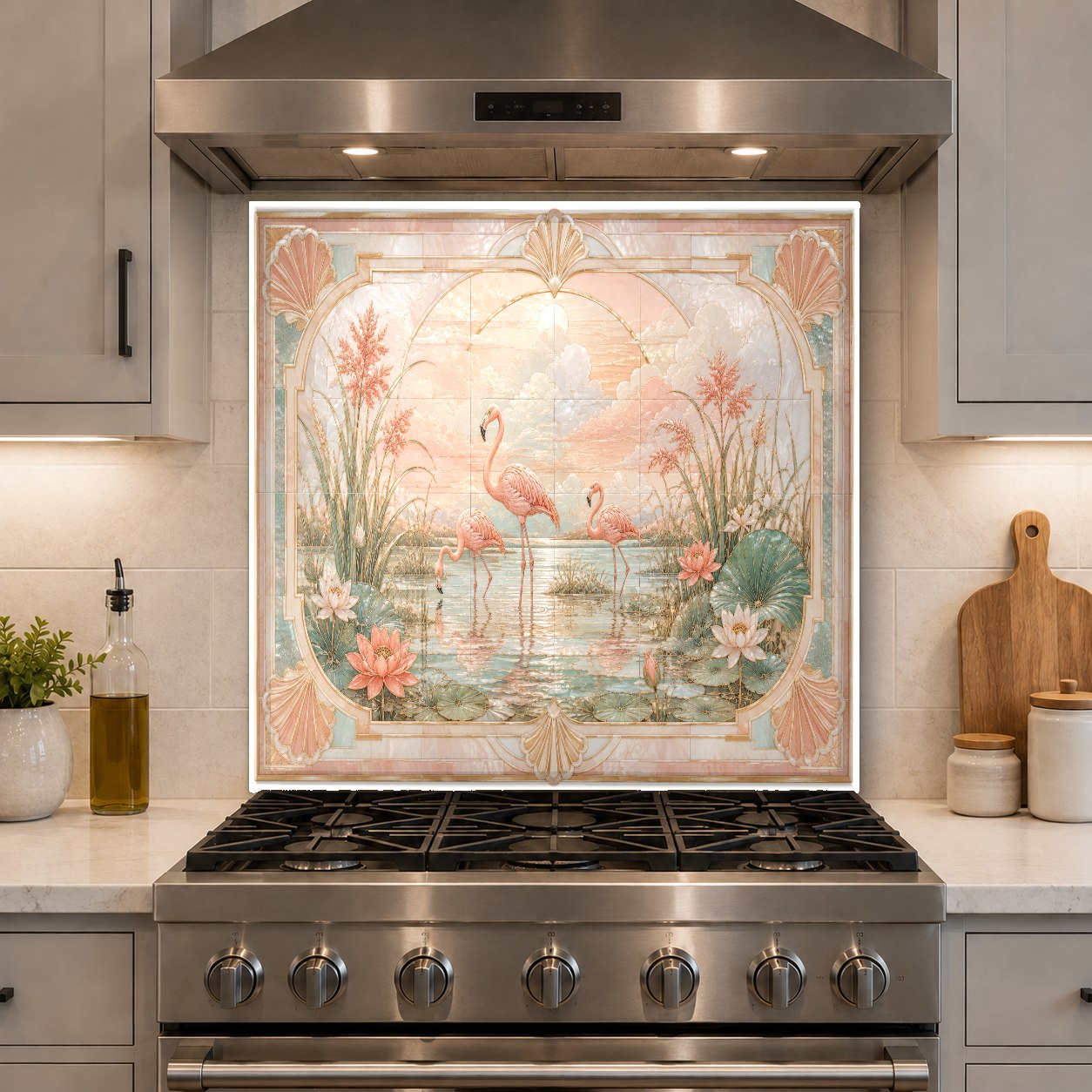 Pink flamingos glass backsplash panel installed on a kitchen island wall