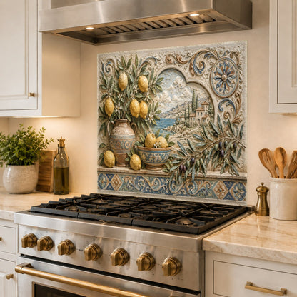 Botanical olive and lemon kitchen glass backsplash behind sink wall