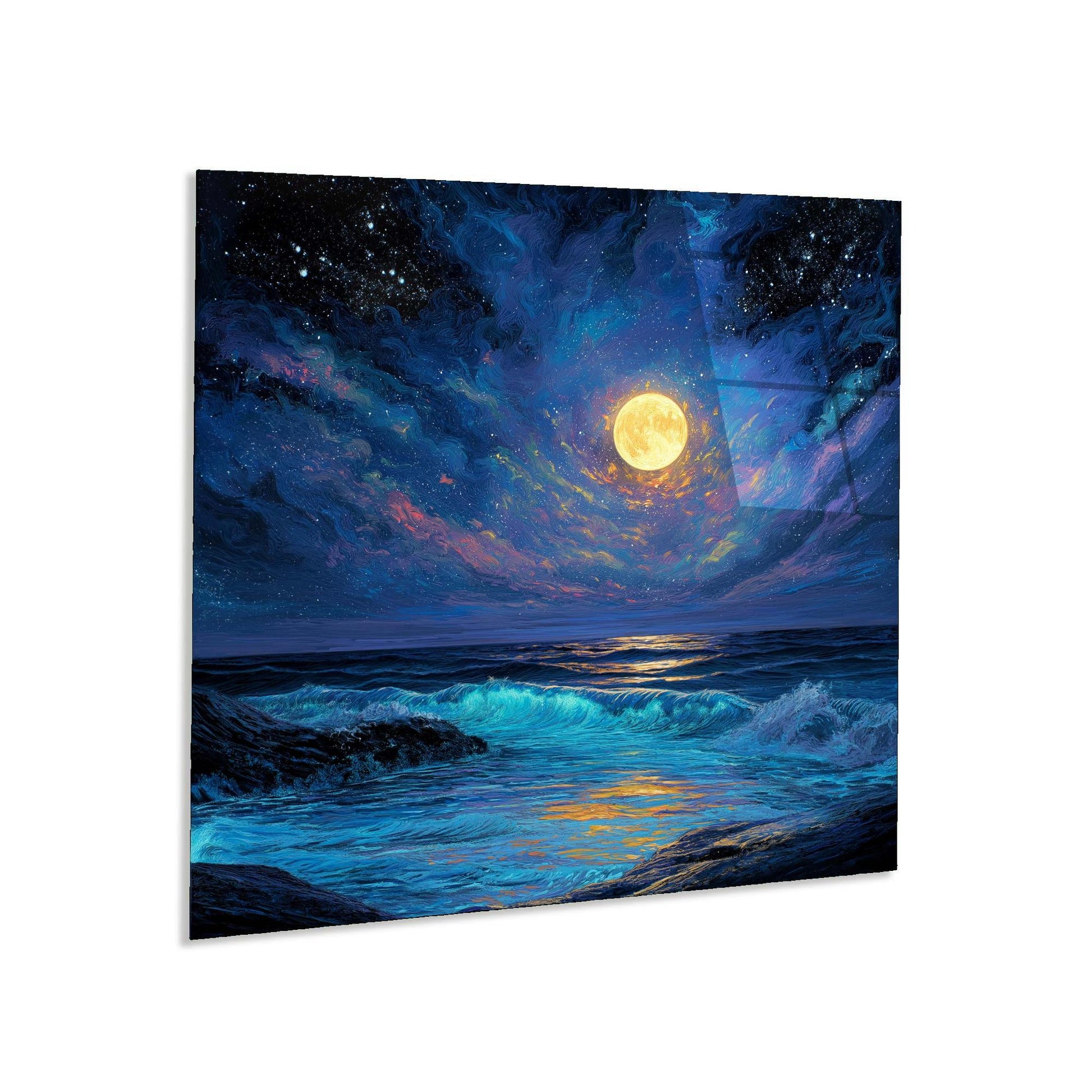 Painting of a moonlit night over the ocean with stars in the sky.
