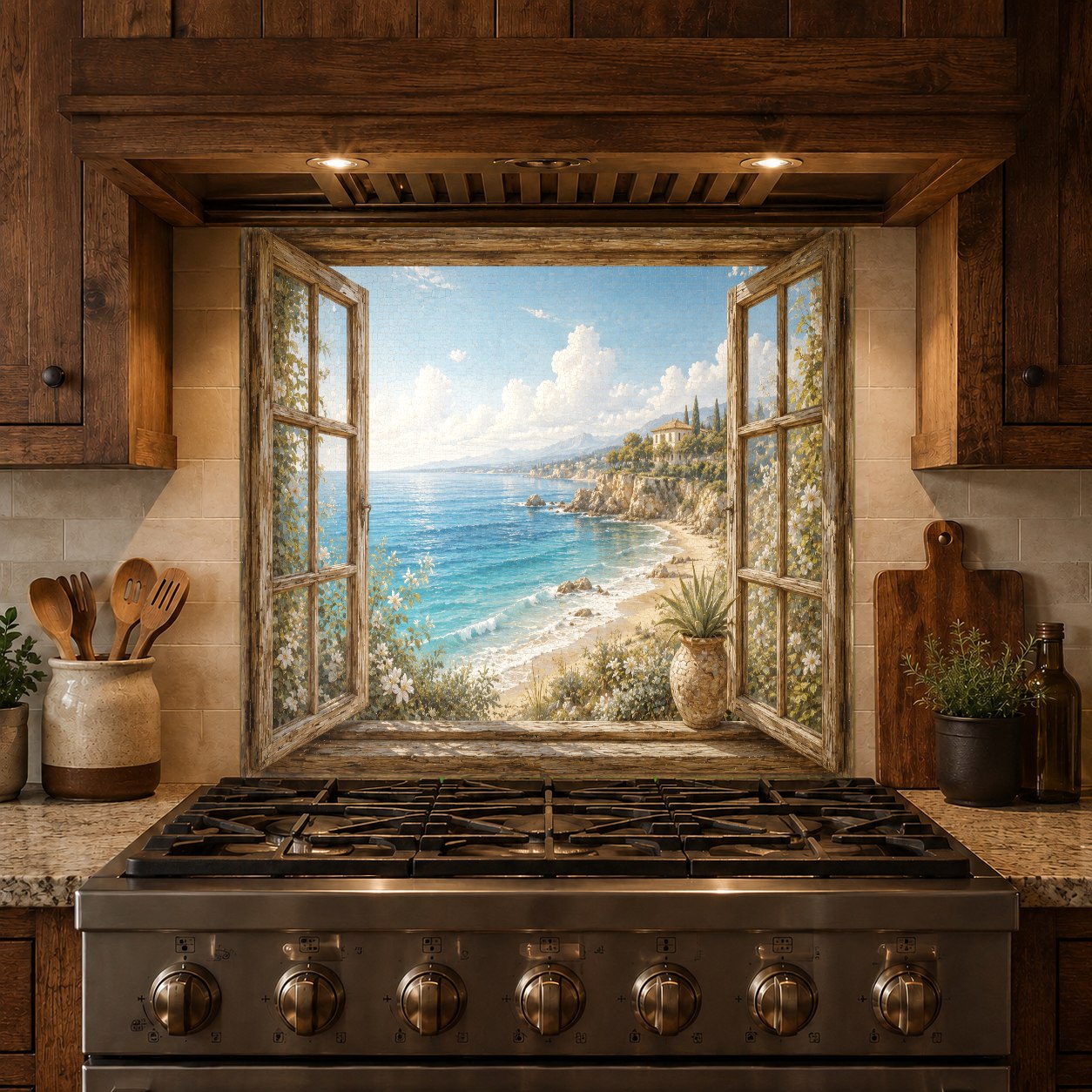 Close-up of coastal tempered glass backsplash high gloss finish