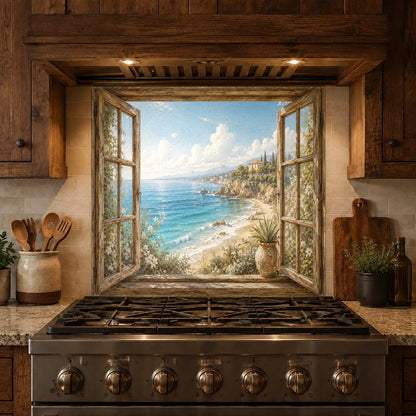 Close-up of coastal tempered glass backsplash high gloss finish