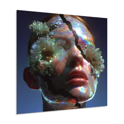 Abstract art piece with a face and floral elements on a dark background