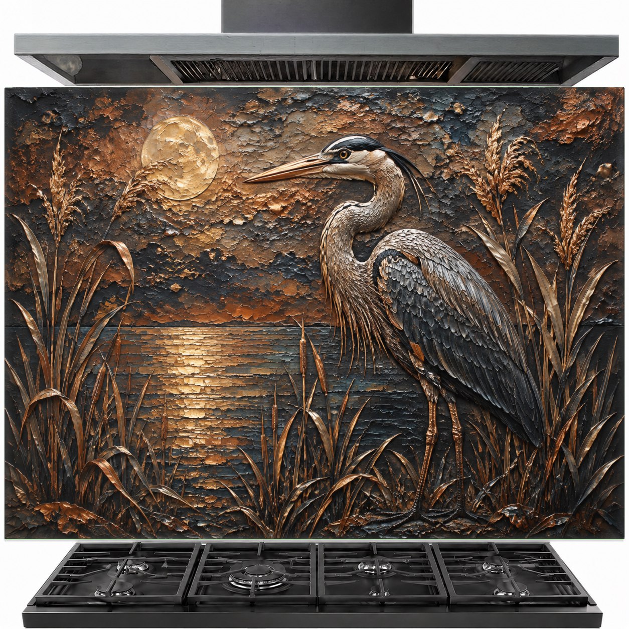 Moonlit Heron tempered glass backsplash installed behind a modern gas stove in a contemporary kitchen.