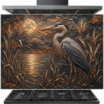 Moonlit Heron tempered glass backsplash installed behind a modern gas stove in a contemporary kitchen.