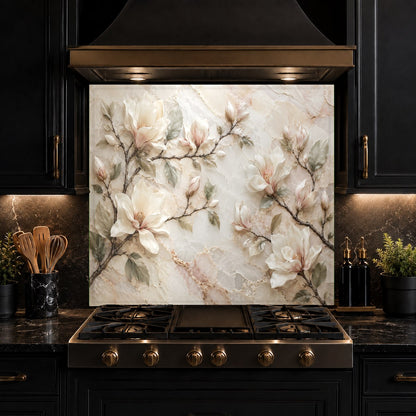 Modern kitchen featuring a heat-resistant magnolia marble glass backsplash