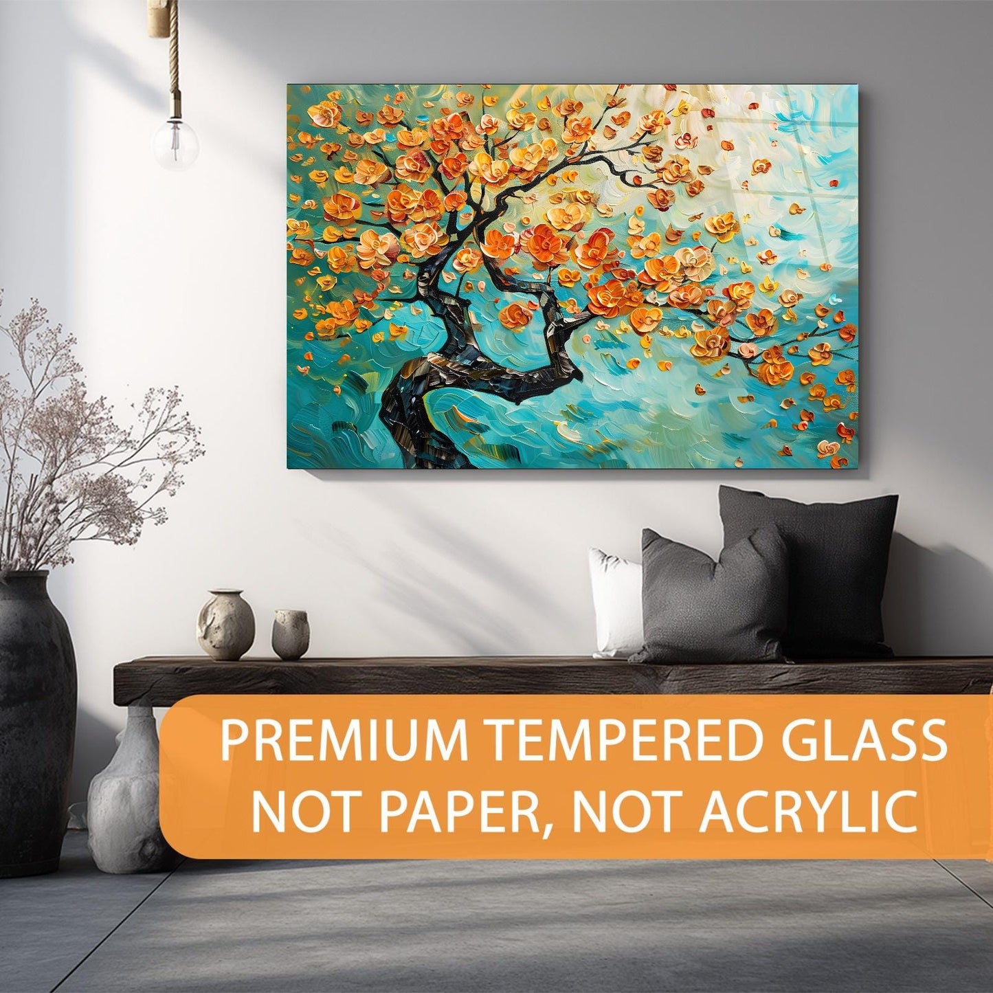 Decorative painting on a wall with a living room setting and text about premium tempered glass.