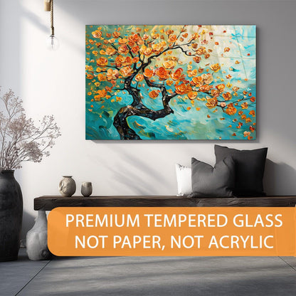 Decorative painting on a wall with a living room setting and text about premium tempered glass.