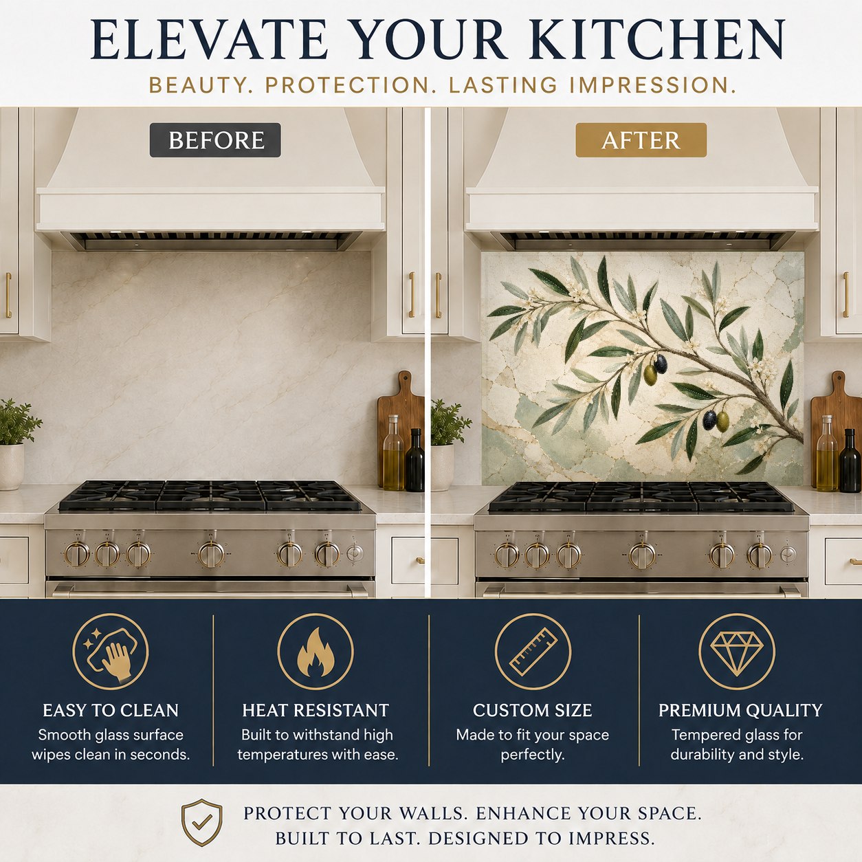 Close-up of the heat-resistant Olive Whisper glass stove guard panel showcasing the high-gloss, grout-free surface.