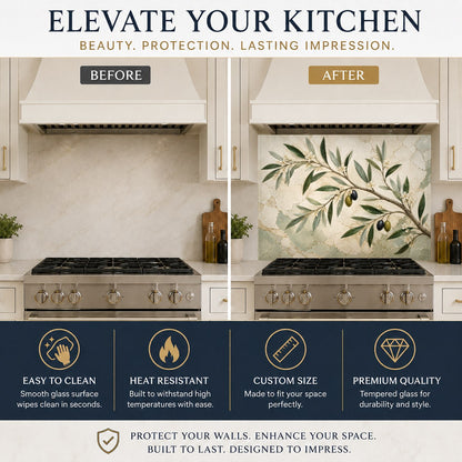 Close-up of the heat-resistant Olive Whisper glass stove guard panel showcasing the high-gloss, grout-free surface.