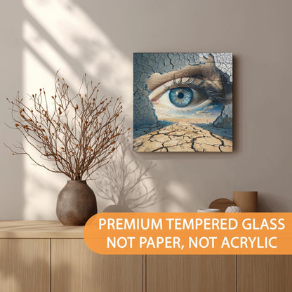 Artistic depiction of a cracked glass panel with an eye design on a wall, with text about premium tempered glass.