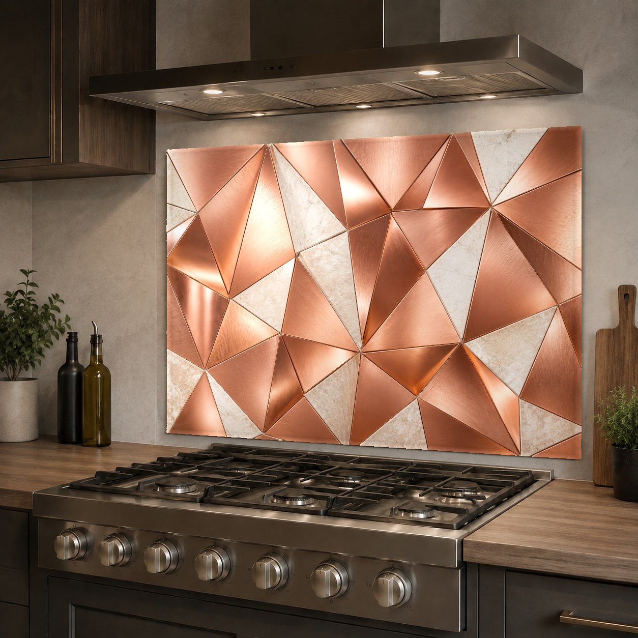 Contemporary kitchen island with an abstract copper tempered glass accent panel