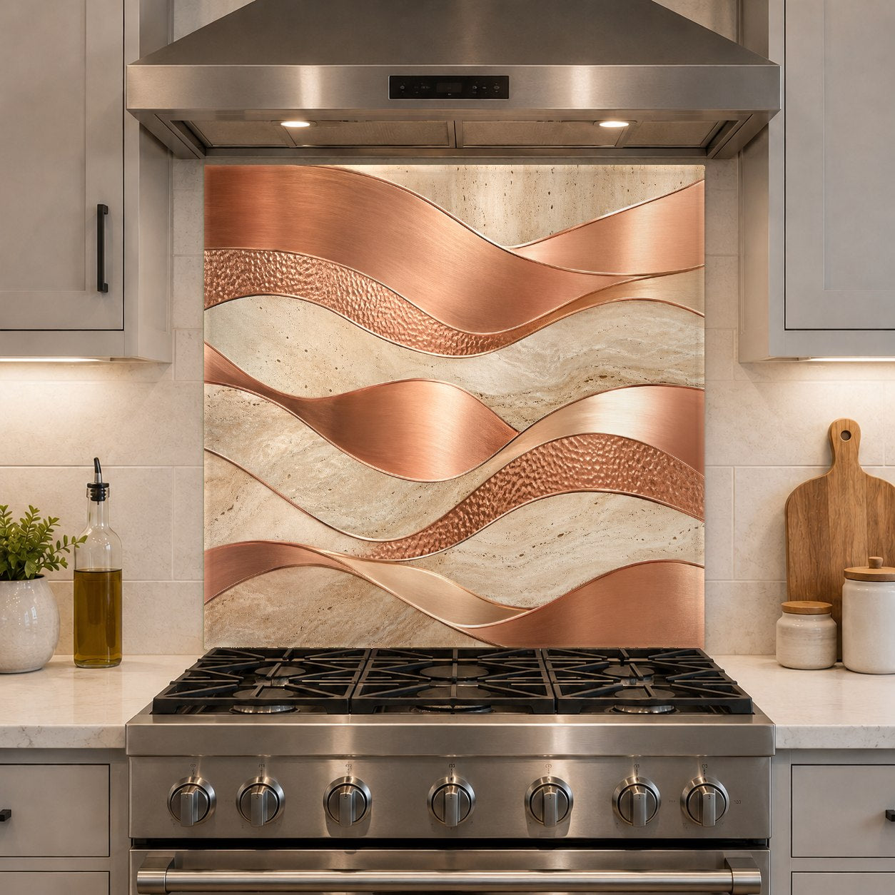 Close-up of the glossy copper flow pattern on a tempered glass kitchen backsplash