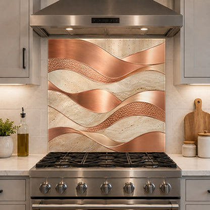 Close-up of the glossy copper flow pattern on a tempered glass kitchen backsplash