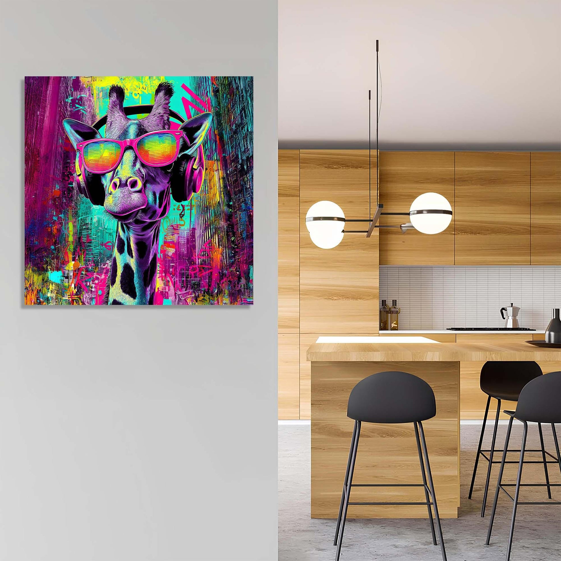 Colorful abstract painting of a giraffe wearing sunglasses on a wall next to a modern kitchen.