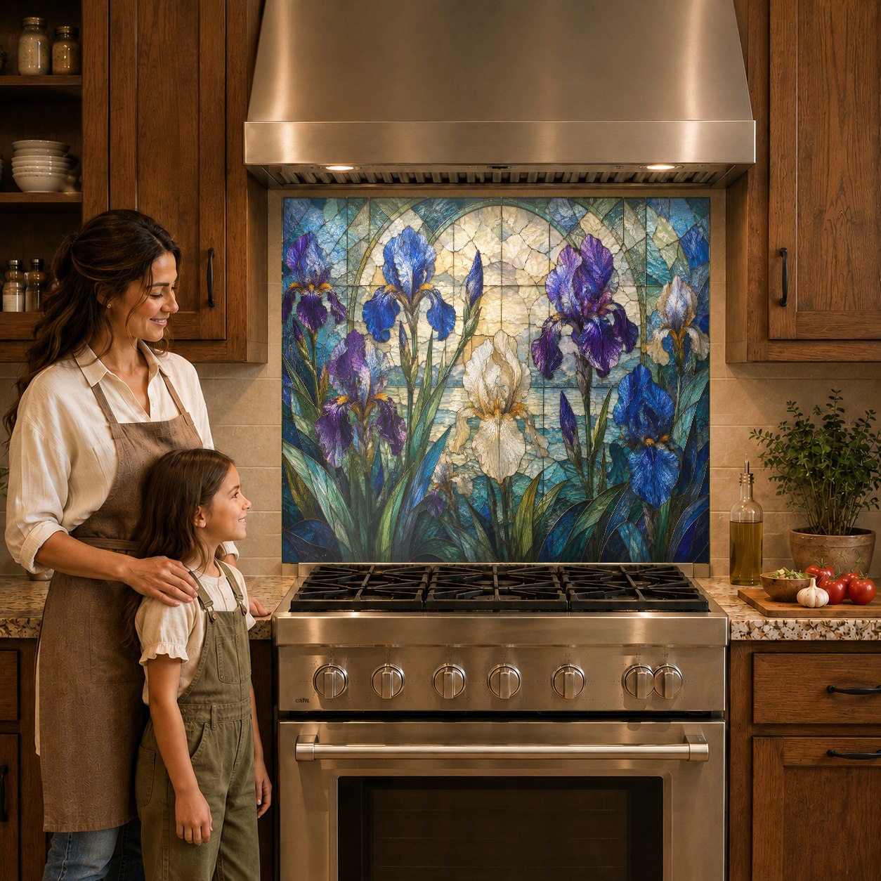 Floral kitchen glass backsplash panel mounted behind a modern gas cooktop