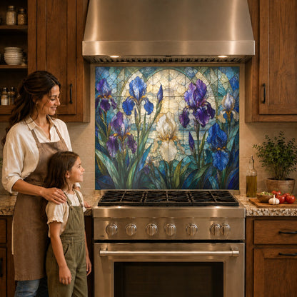 Floral kitchen glass backsplash panel mounted behind a modern gas cooktop