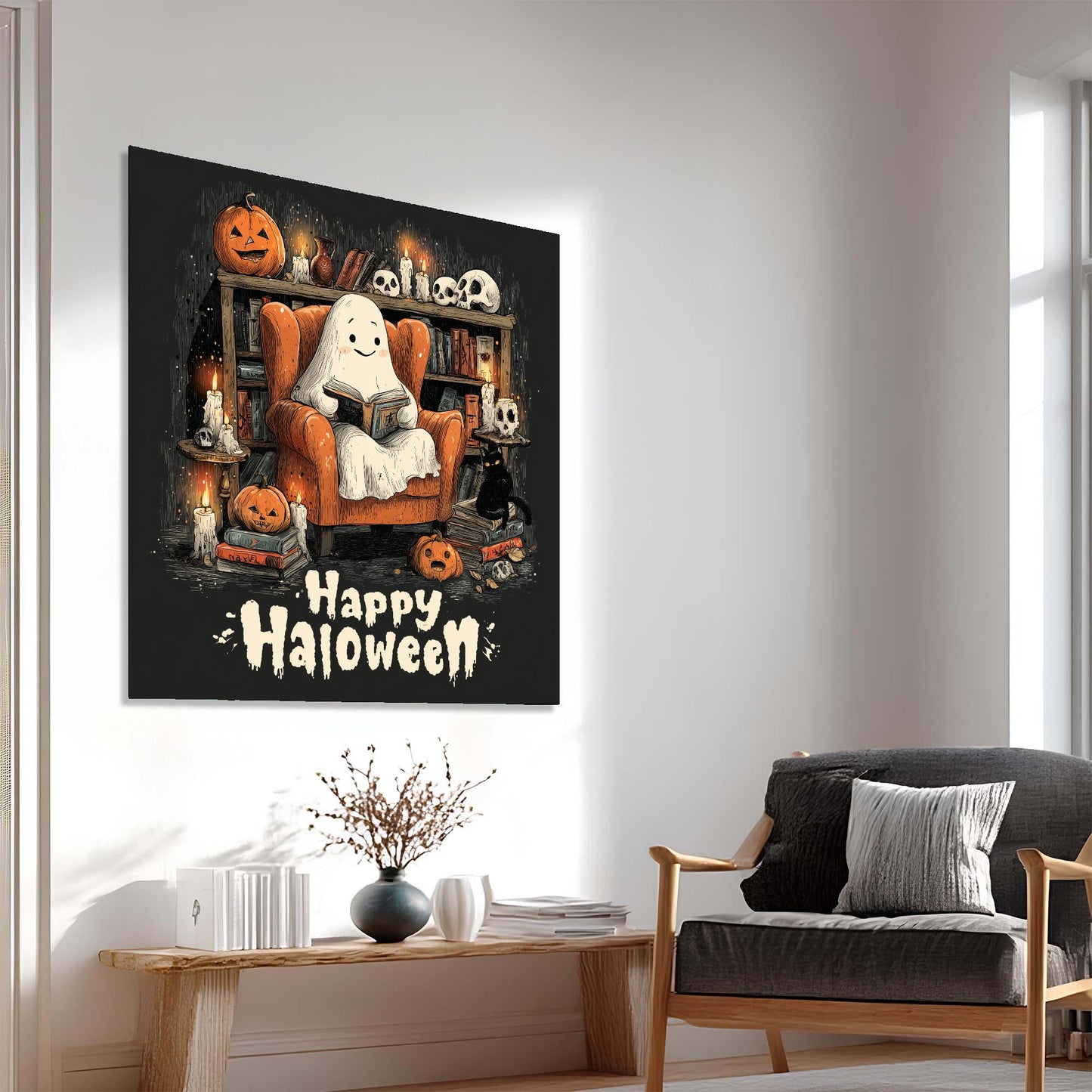Halloween-themed wall art with a ghost in an armchair and pumpkins on a bookshelf in a living room.