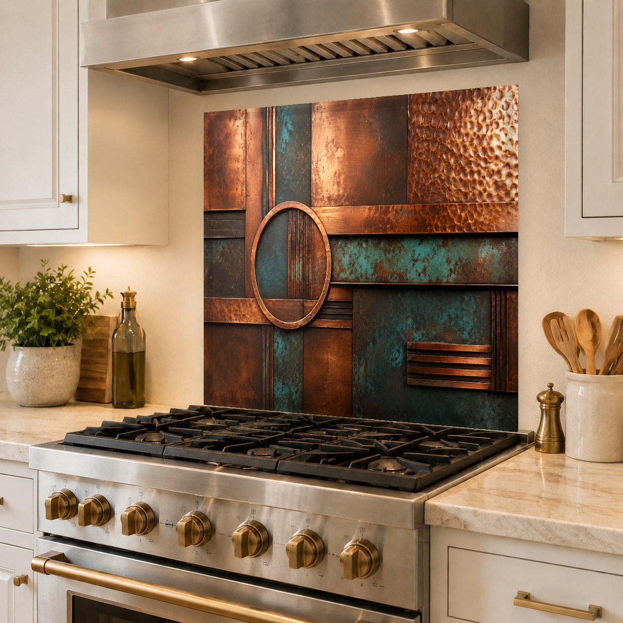 Close-up of vibrant patina copper print on tempered glass kitchen panel