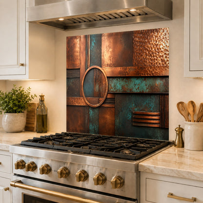 Close-up of vibrant patina copper print on tempered glass kitchen panel