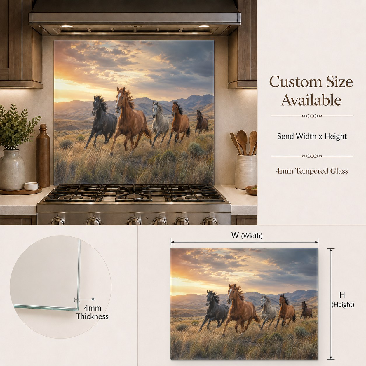 Beautiful running horses glass backsplash panel acting as a focal point in a rustic home bar.