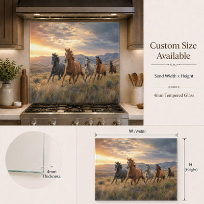 Beautiful running horses glass backsplash panel acting as a focal point in a rustic home bar.