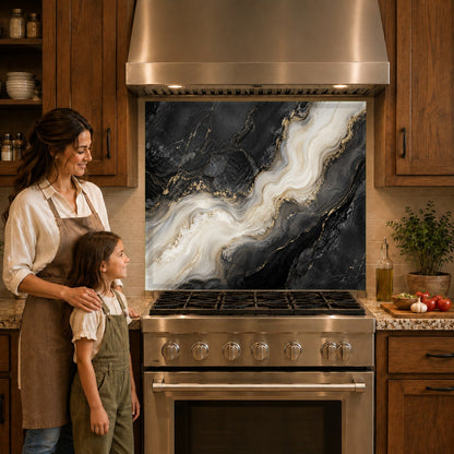 Luxury marble pattern glass kitchen backsplash behind a stainless steel cooktop