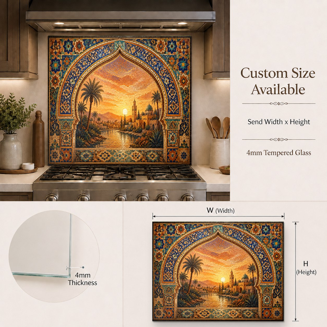 Sleek kitchen island bar area accented by a Sunset Oasis glass backsplash with warm desert hues.