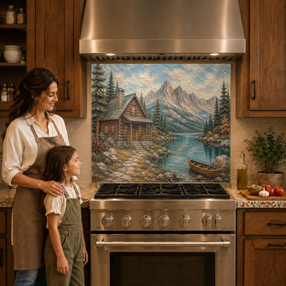 Scenic mountain lake glass backsplash panel positioned beautifully behind a modern induction cooktop.