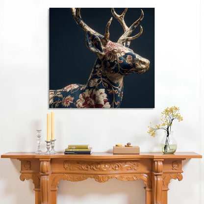 Decorative wall art of a floral-patterned deer head above a wooden mantelpiece.