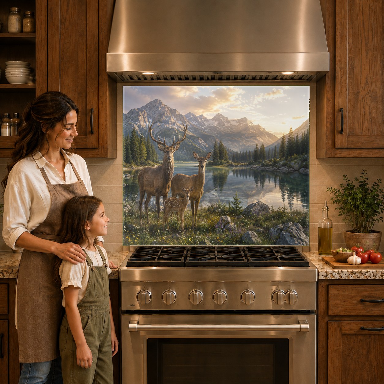 Heat-resistant glass kitchen panel with a deer family design protecting the wall behind an induction cooktop.
